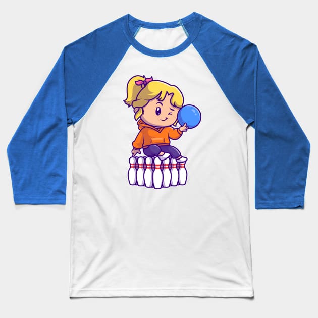 Cute Girl Playing Bowling Cartoon Baseball T-Shirt by Catalyst Labs
